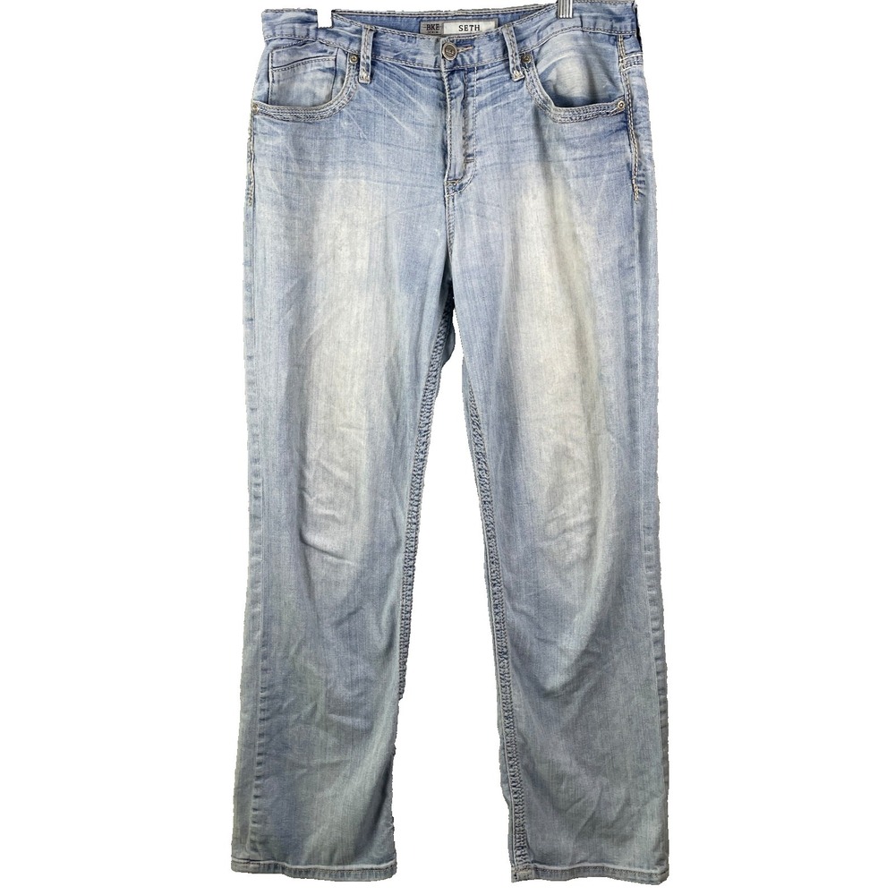 BKE‎ Seth Straight Leg Jeans Distressed Light Wash Men's Size 34L Blue Loose Fit